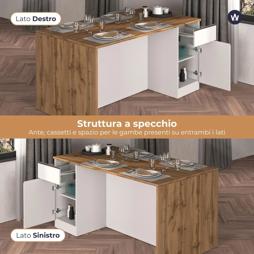 WHOUS Isola da cucina Sole a 2 ante e 2 cassetti bianco lucido e rovere 160x90x90 cm
