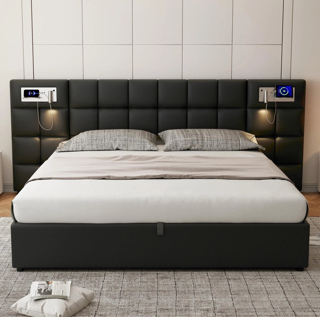 Letto imbottito 180x200 cm con USB; ricarica wireless; luce e contenitore; PU nero