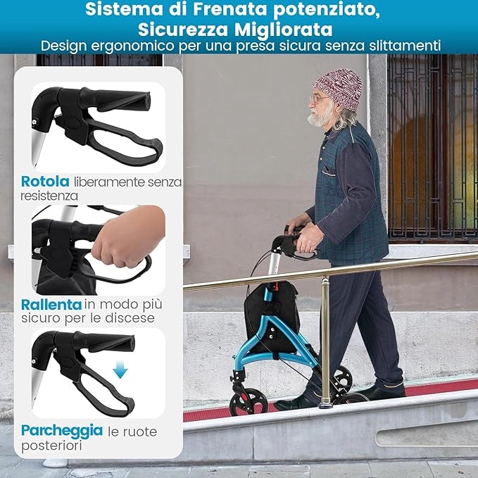 Deambulatore per Anziani in Alluminio Ultraleggero a 3 Ruote, Rollator per Anziani Pieghevole e Regolabile in 6 Livelli 86-96 cm con Borsa e Ruote Bloccabili, Portata 136 kg (Blu)