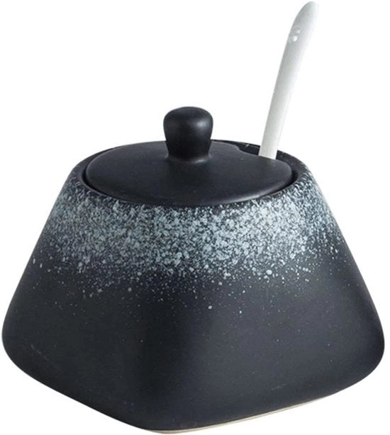 Pentola per zucchero e spezie con coperchio e cucchiaio pentola per spezie e zucchero contenitore per la riserva 340ml pentola in ceramica per spezie zucchero pepe sale (bianco e nero)