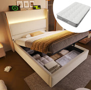 Letto matrimoniale singolo 90x200 cm con testiera alta; LED; USB Type-C; contenitore e materasso beige