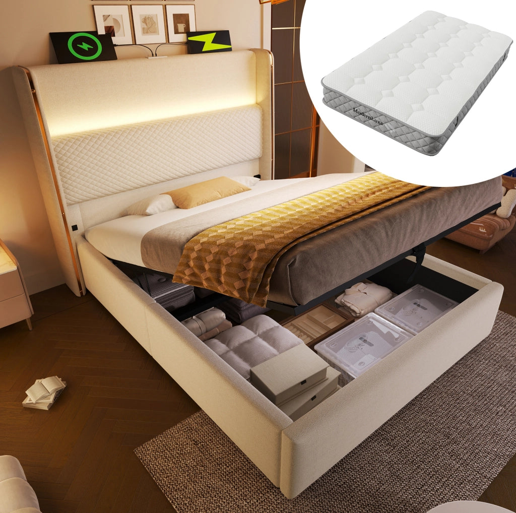 Letto matrimoniale singolo 90x200 cm con testiera alta; LED; USB Type-C; contenitore e materasso beige