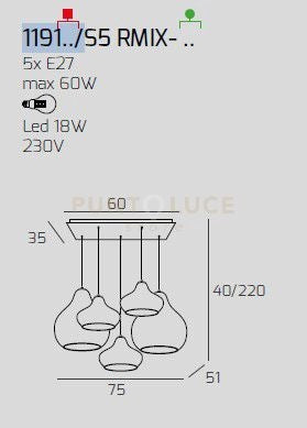 SOSP. OTTONE SATINATO 5 LUCI RETTANGOLARE VETRI (3 X PICCOLO + 2 X GRANDE) TUTTI RUBINO 1191OS-S5 RMIX-RU
