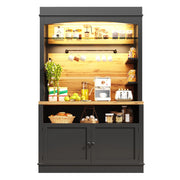 Credenza da Cucina Alta con 2 Ante; Ripiano Aperto; LED USB e 6 Ganci; per Cucina o Soggiorno; in MDF e Metallo; 107x43x184 cm; Nero
