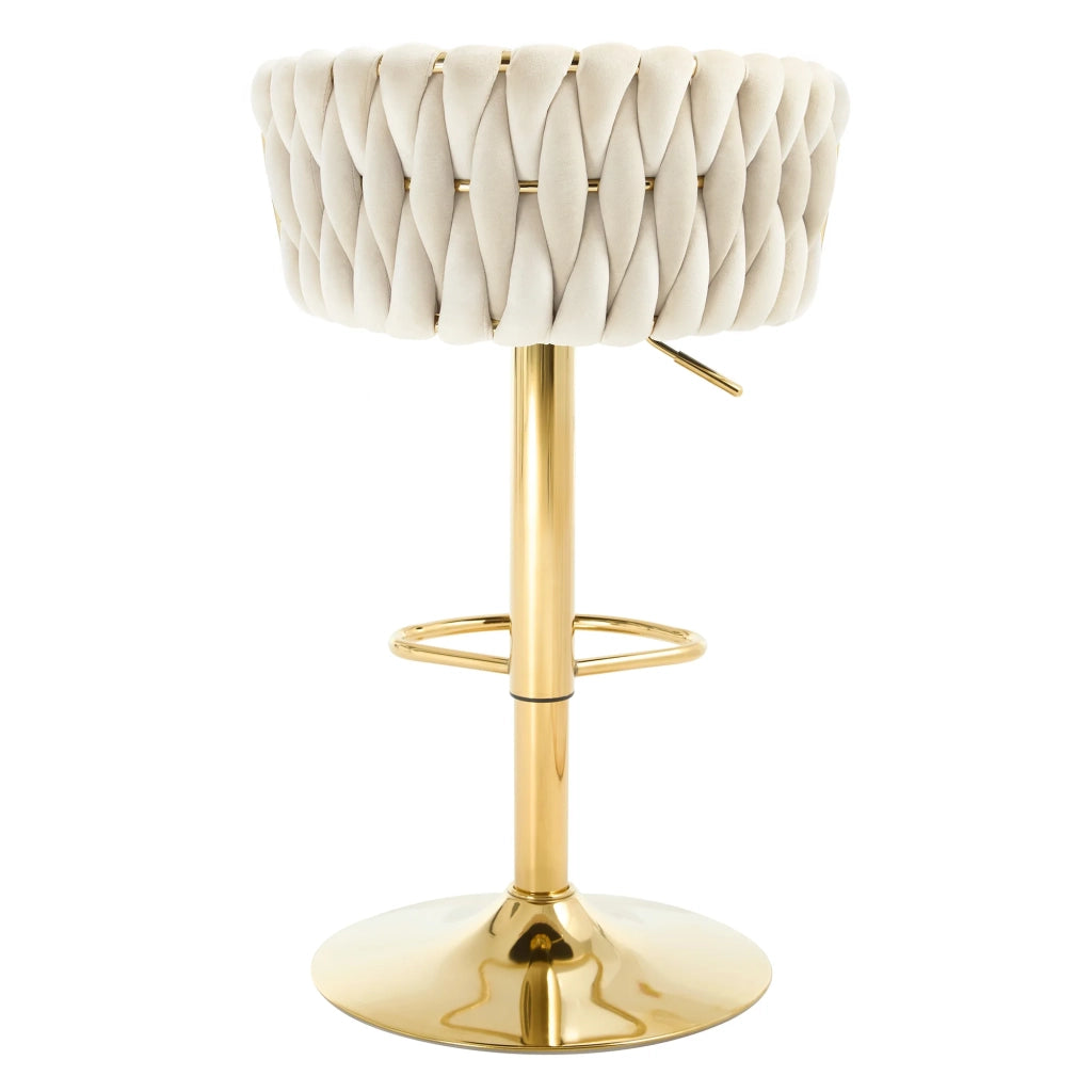 Sgabello da bar girevole in velluto crema bianco con braccioli, altezza regolabile 77-98 cm