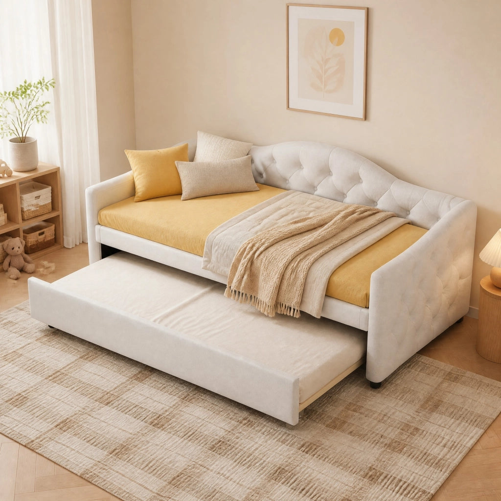 Daybed 90x200 cm con letto estraibile, divano letto singolo in lino beige, senza materasso