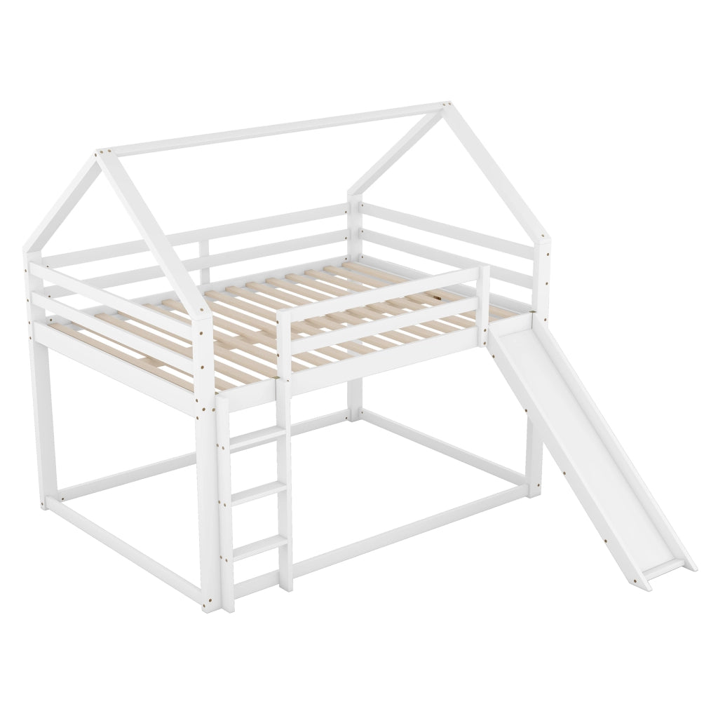 Letto a Castello 140×200 cm e 140×200 cm; Letto 4 Posti con Scivolo e Scala; senza Materasso; Bianco