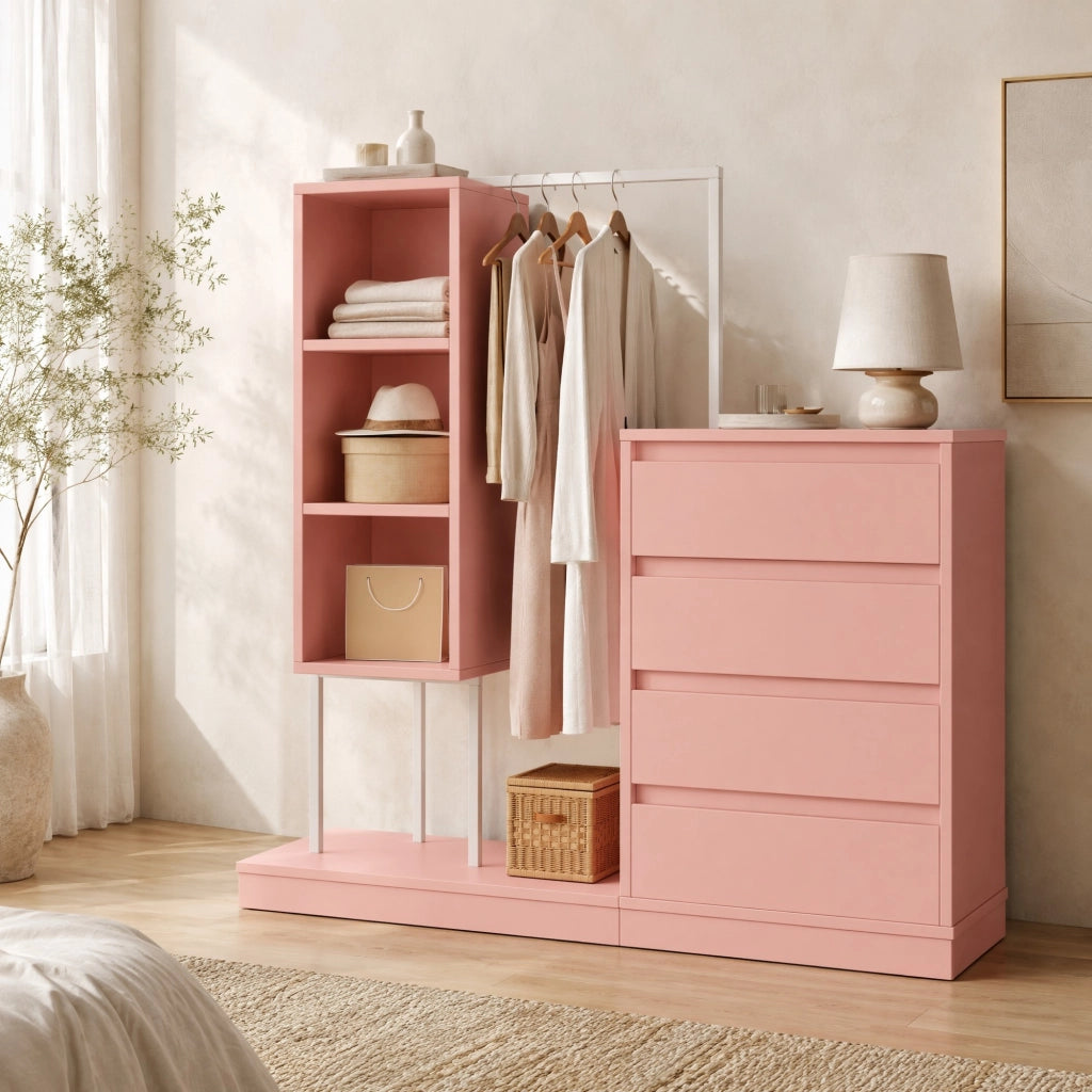 Armadio multifunzione con cassetti e barra appendiabiti, 140 x 40 x 135 cm, rosa e bianco