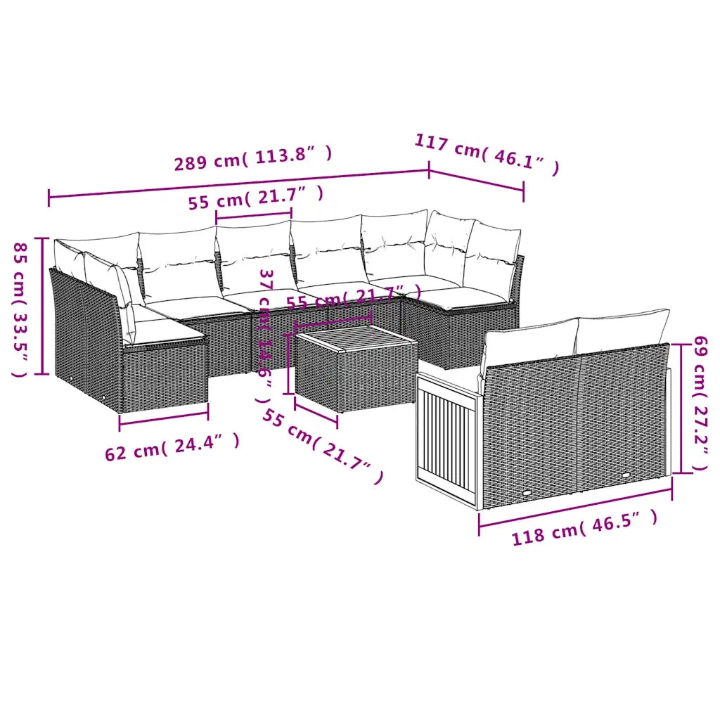Set Divani da Giardino 10 pz con Cuscini Grigio in Polyrattan 3227979
