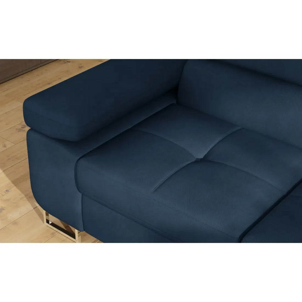 Divano angolare trasformabile MENTON blu scuro bouclé – Angolo destro con baule
