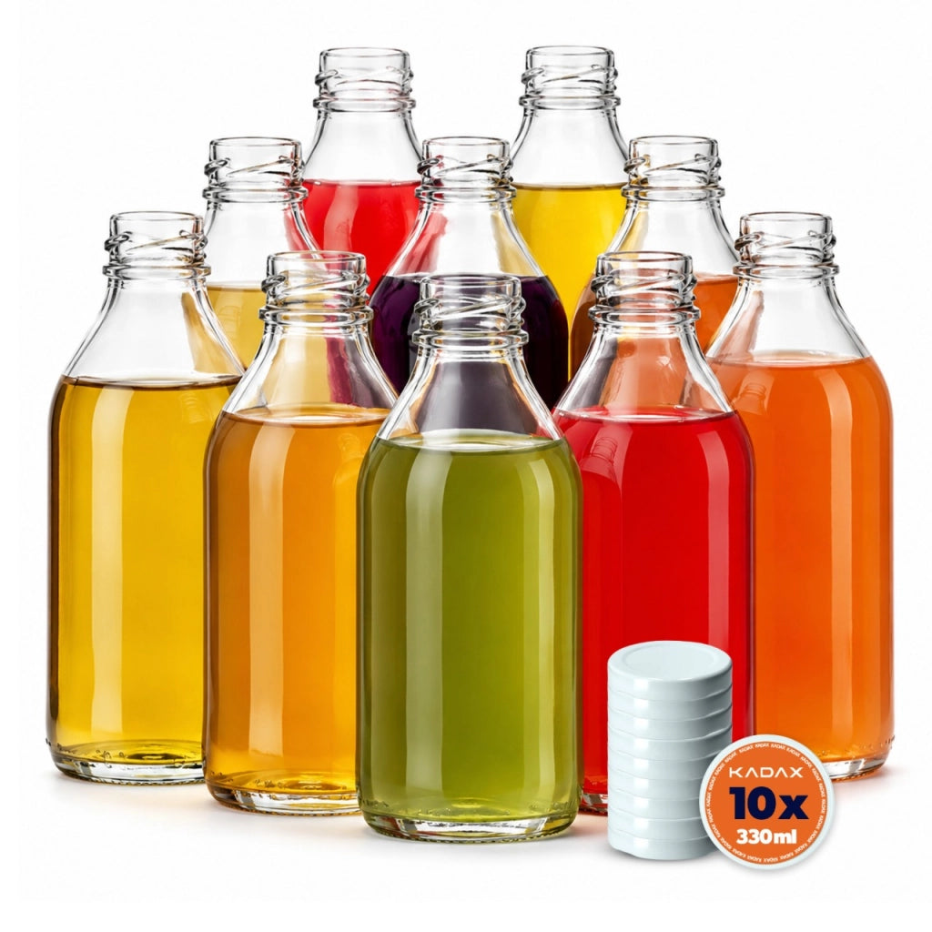Bottiglia in vetro KADAX da 330 ml, bottiglie per vino, liquori, distillati clandestini, tappi Kubuś (10 pezzi).
