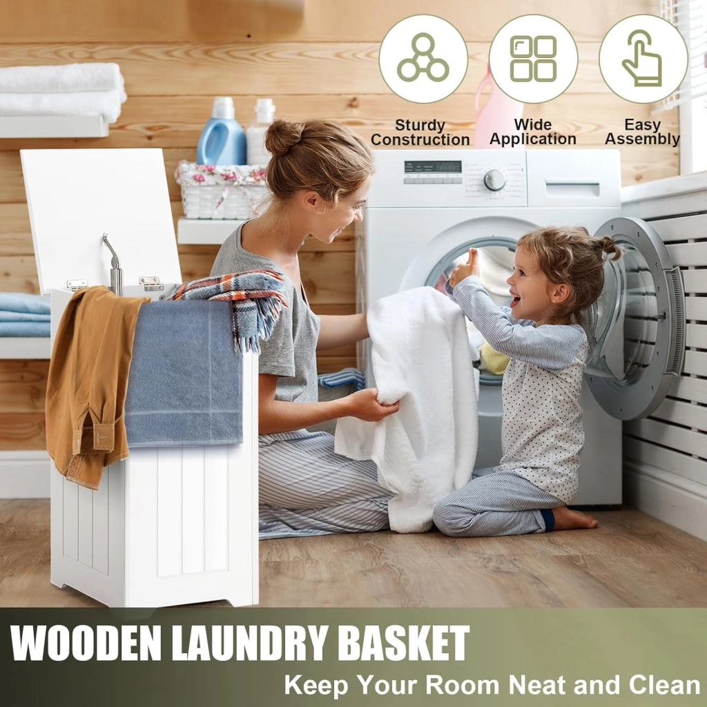 34 L Mobile Portabiancheria per Bagno, Cesto Organizzazione Lavanderia in Legno, in Stile Moderno, 30 x 30 x 61 cm, Bianco (Con Borsa Interna)
