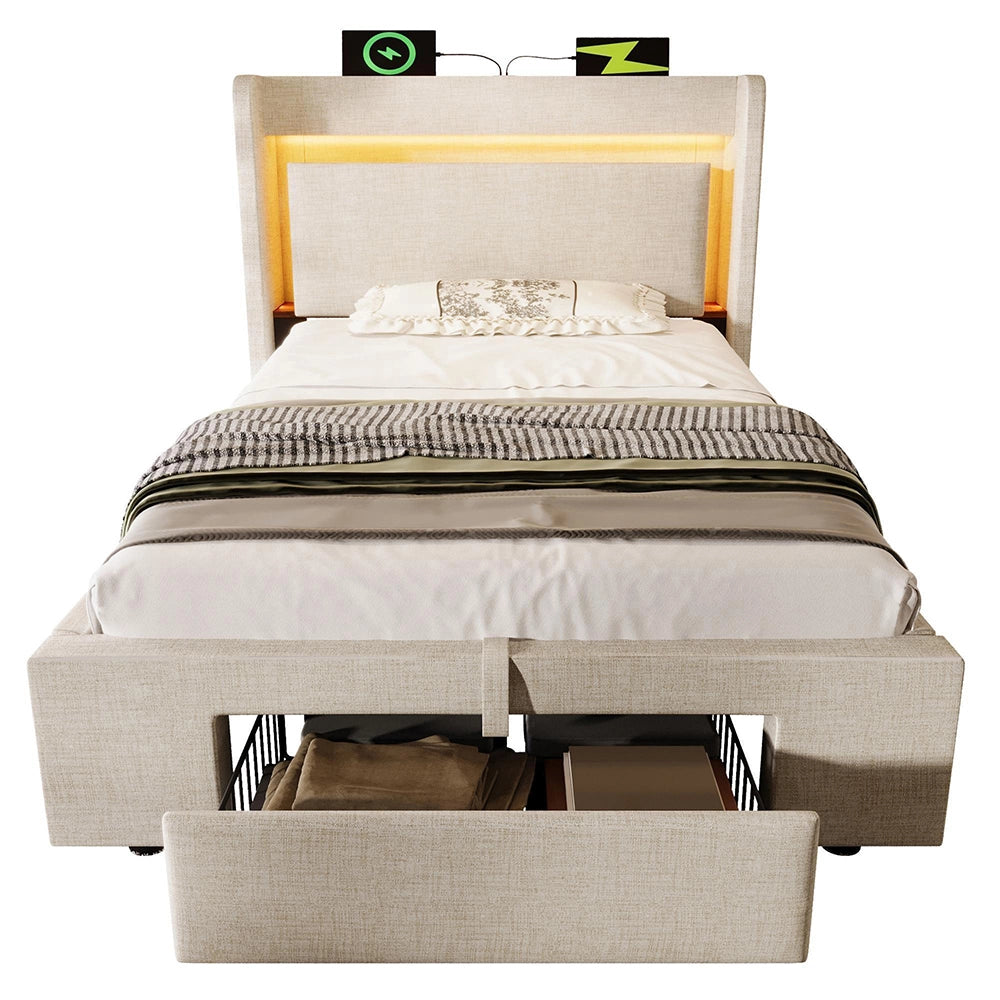 Letto imbottito 90x200 cm - Xylo - Beige, lino, testiera con illuminazione LED, porte USB/USB-C, spazio idraulico