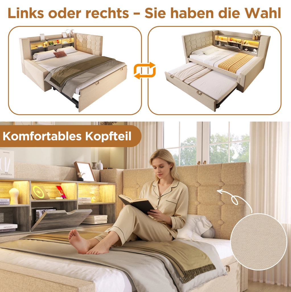 Letto con letto estraibile, illuminazione LED e ricarica integrata