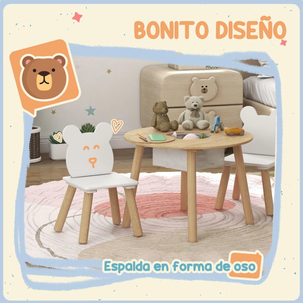Set Tavolo e 2 Sedie Bambini ¨C Xylo ¨C Legno Rosa con Schienale Forma Orso e Cassetto
