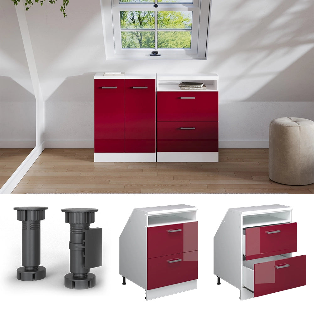 Mobile sottotetto Rion Rosso lucido/Bianco 60 x 83.8 cm con 2 cassetti, carcassa 60 cm profondità Vicco