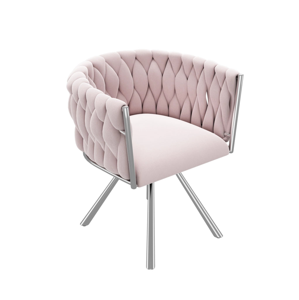 Sedia girevole in velluto rosa con schienale ergonomico e struttura in metallo