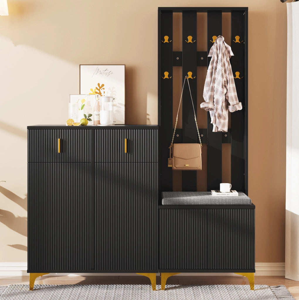 Set ingresso con scarpiera e panca; appendiabiti con ganci; nero; in truciolare