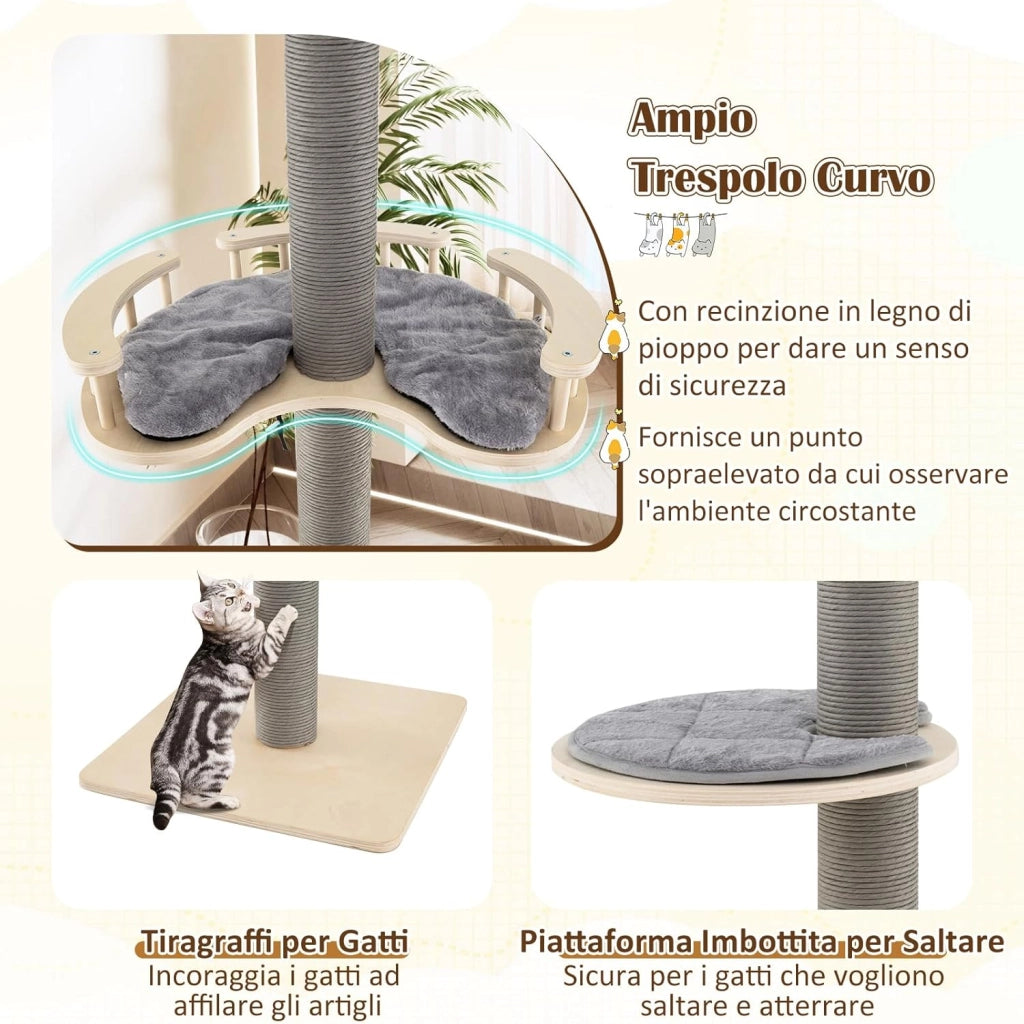 Albero per Gatti da Pavimento a Soffitto con Altezza Regolabile 236-271 cm, Tiragraffi per Gattini in Legno a 5 Livelli con Ripiano, Letto Peluche, Amaca e Pali Tiragraffi, Mobile per Gatti da Interno