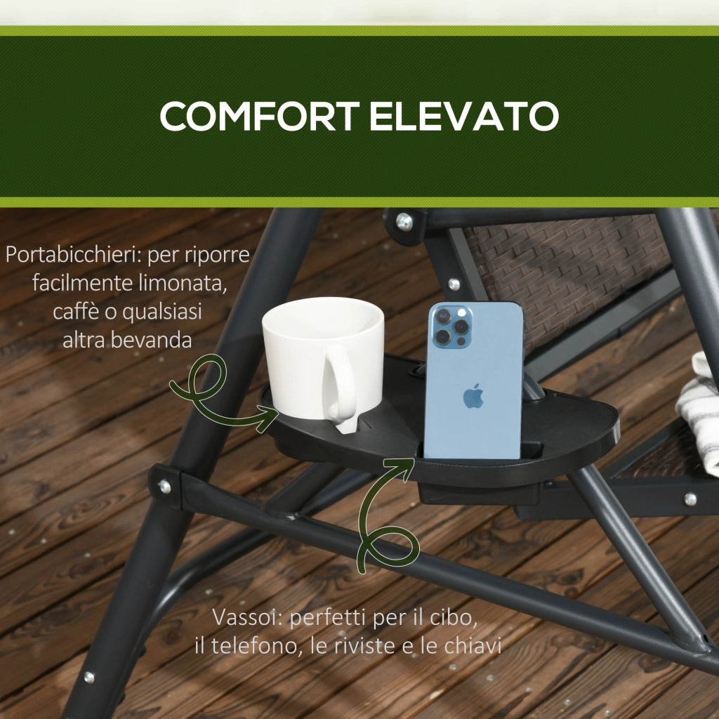 Easycomfort Dondolo da Giardino 3 Posti in Rattan PE e Acciaio con Tettuccio Regolabile e Portabicchieri, 204x112x150 cm