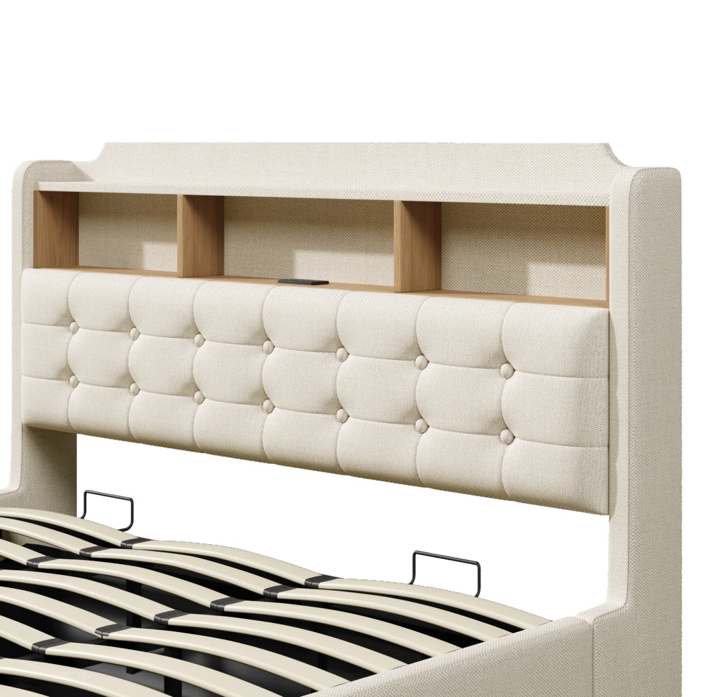 Letto imbottito 180x200 cm in lino beige con LED; contenitore idraulico; USB e Type-C