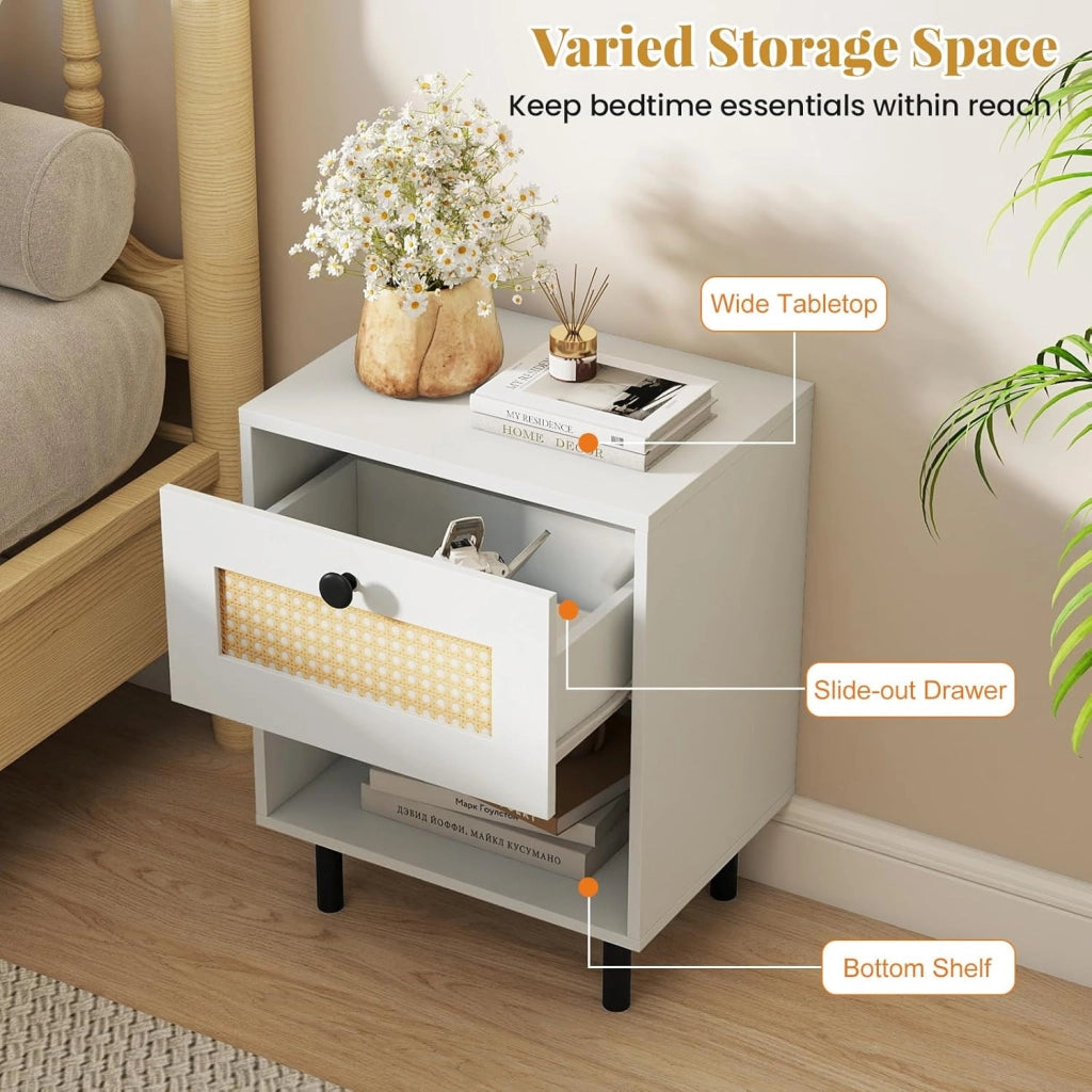 Comodino Camera da Letto con Cassetto Ampio, Scomparto Aperto e Gambe in Metallo, Mobile Laterale con 2 Dispositivi Antiribaltamento, Struttura Elegante per Libri (40 x 30 x 52 cm,1)