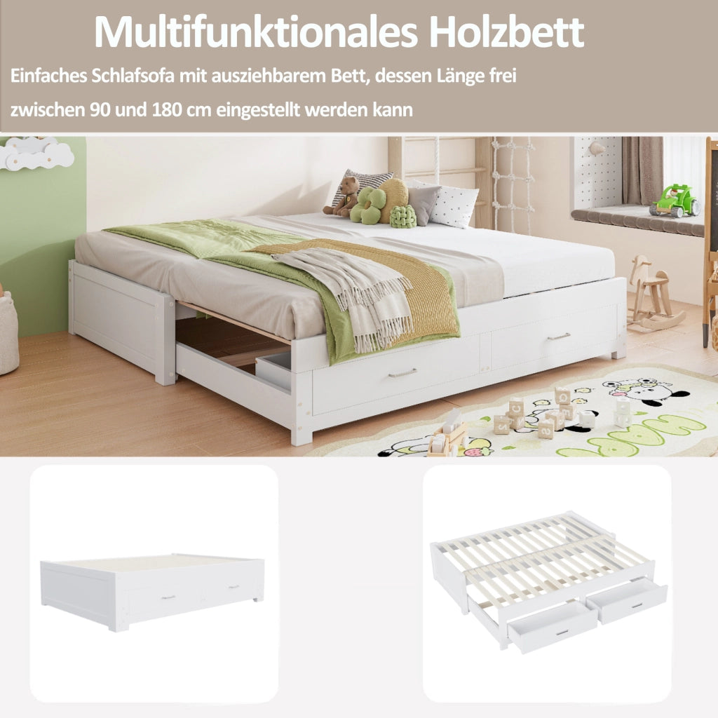 Letto estraibile 90 × 190 cm et 180 × 190 cm con 2 cassetti, senza materasso, in legno, bianco