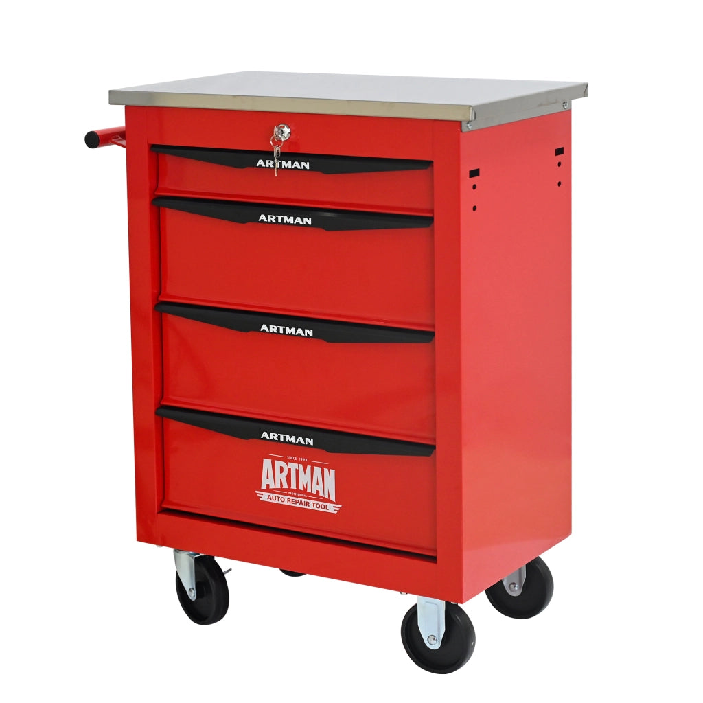 Carrello portautensili con 4 cassetti 4 ruote e serratura per garage e officina in acciaio rosso e nero 62.5 × 34.5 × 78 cm