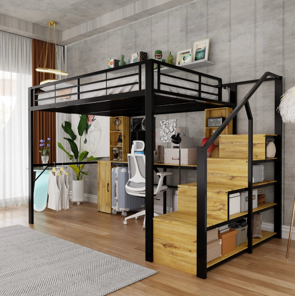 Letto a soppalco 140x200 cm in metallo e MDF con scrivania; armadio; scale contenitore; nero