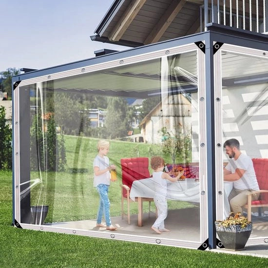Telaio per tenda trasparente con occhi, zeildoek trasparente impermeabile, PVC 420 g/m² per pergola, balcone, arredamento esterno, mobili da giardino, con cavo, 2x4m.