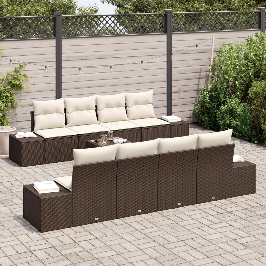 Set Divano da Giardino 9 Pezzi con Cuscini Marrone Polyrattan