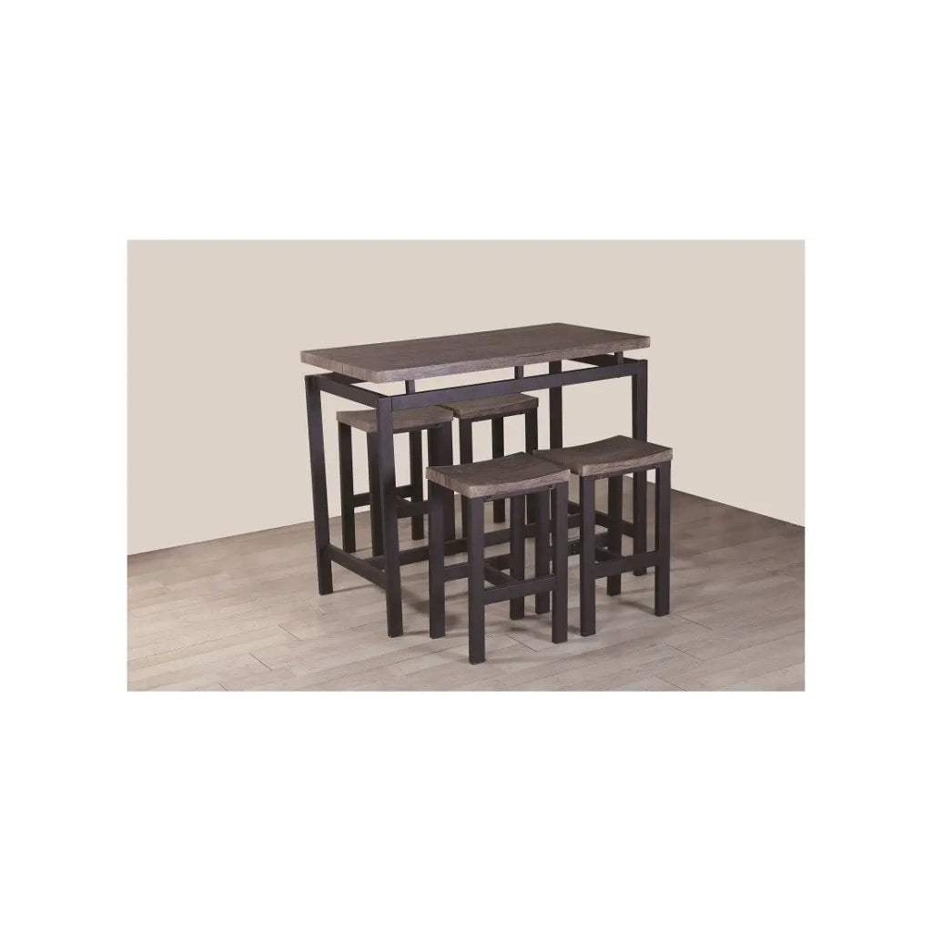 Set tavolo alto, bar + 4 sgabelli NIMES. Set moderno stile industriale, legno e metallo.