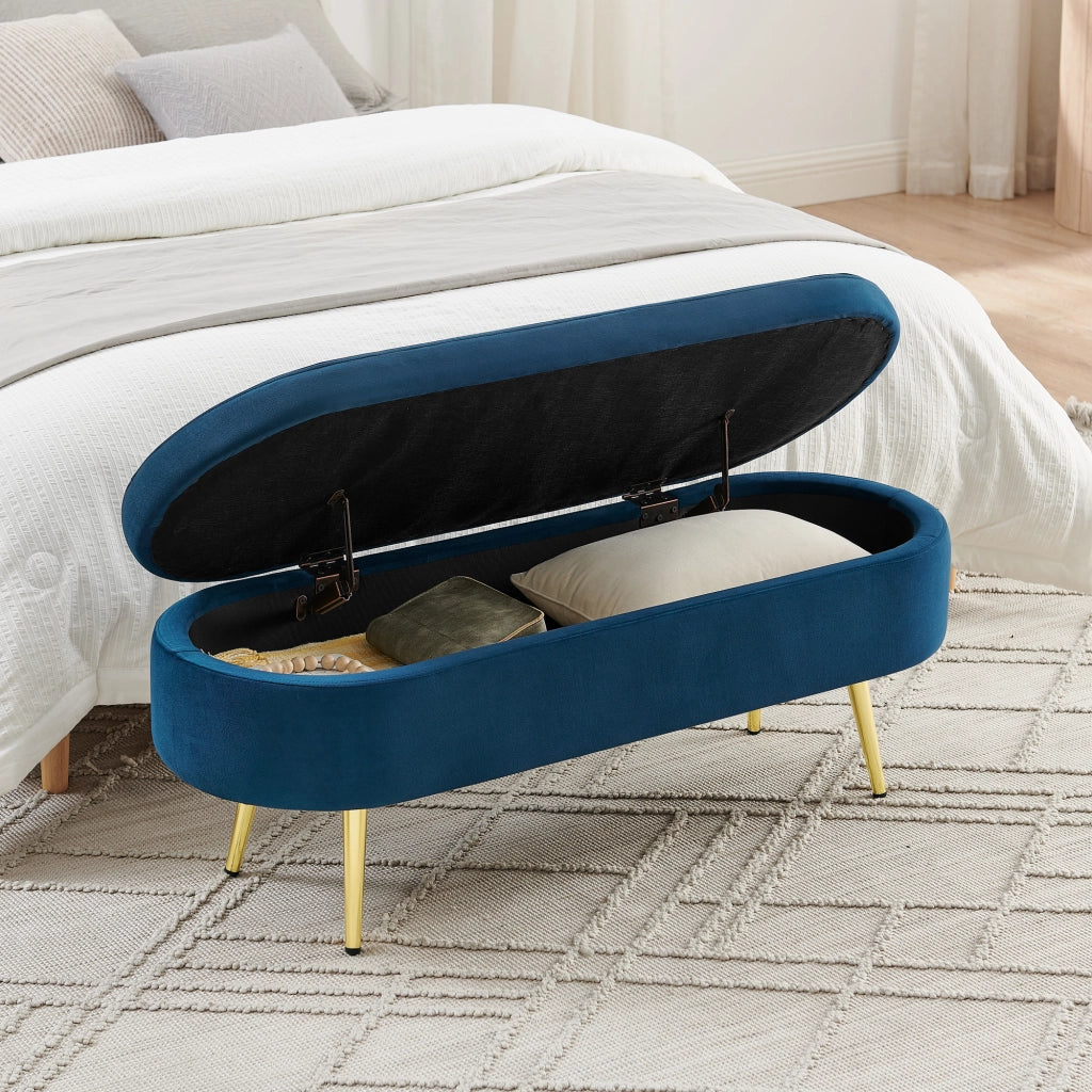 Panca contenitore in velluto blu scuro 110x40x42 cm con vano 20L e gambe in metallo