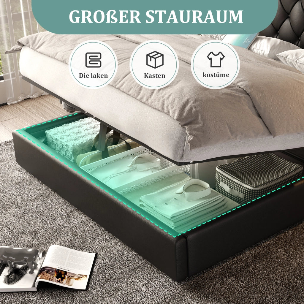 OKWISH Letto Contenitore 160×200 cm, Letto Matrimoniale con USB, Luci da Lettura e Contenitore, senza Materasso, in Ecopelle PU, Nero