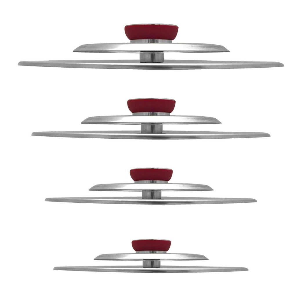 Kit 4 Coperchi Magici Antiodore Ventur Magic Ø25, Ø27, Ø31, Ø35 cm Cooker in Acciaio Inox Pomello Rosso