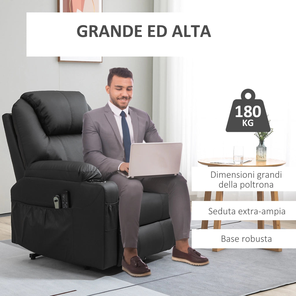 EasyComfort Poltrona Alzapersona Reclinabile max 135° con 8 Punti Massaggianti e Poggiapiedi, 88x92x106 cm, Nero