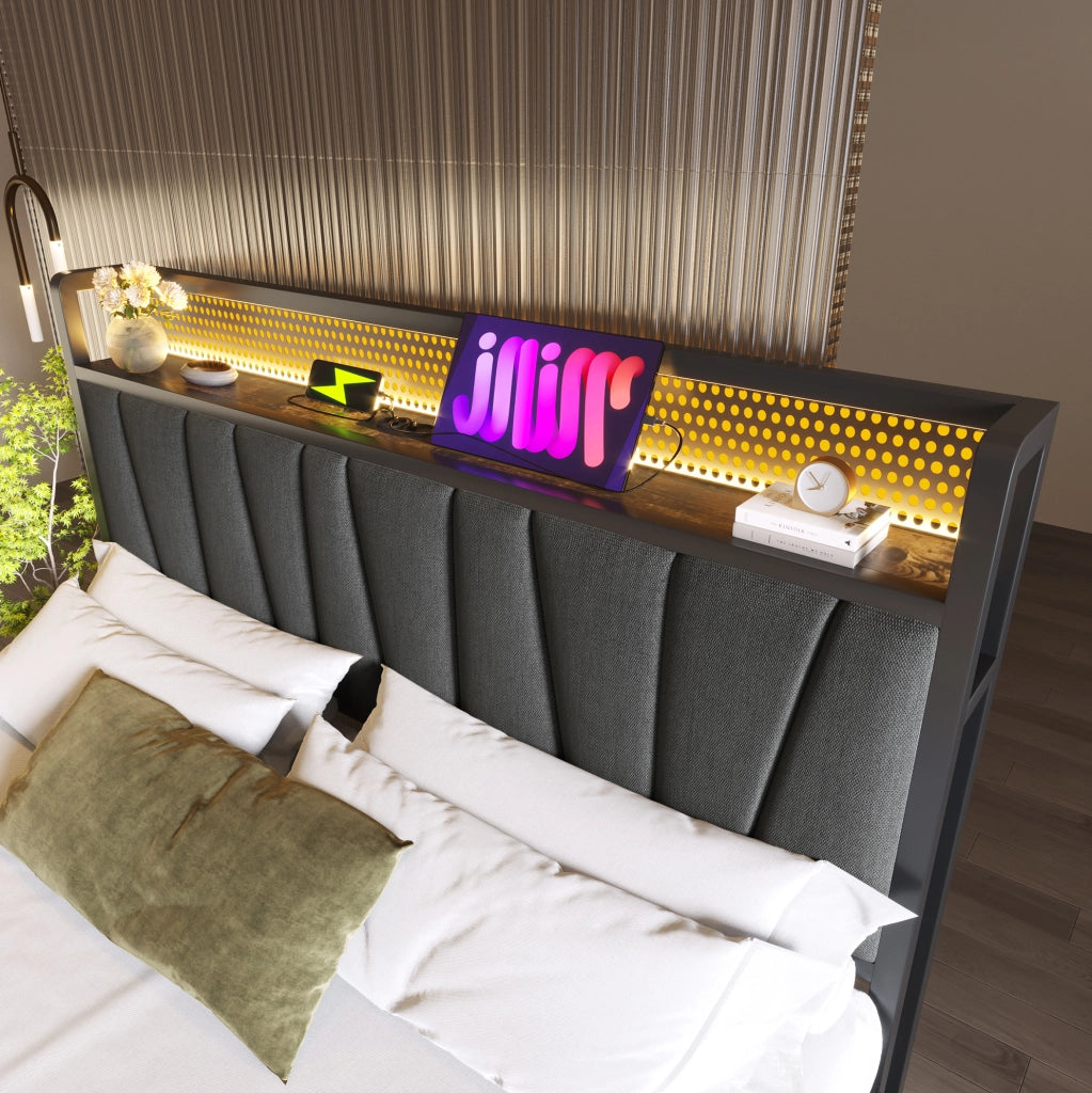 Letto matrimoniale in metallo con LED RGBW, USB e contenitore