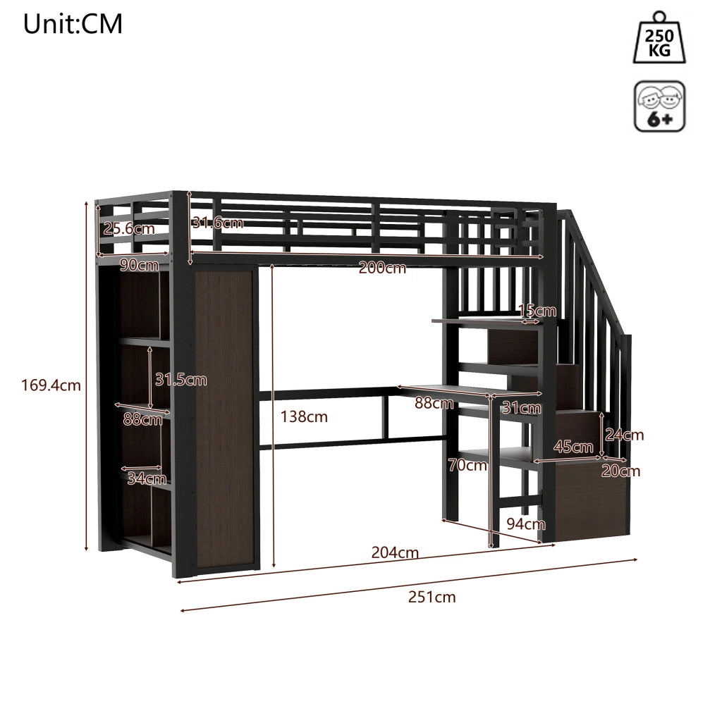 Letto a soppalco 90x200 cm con scrivania, ripiani e LED, struttura in metallo