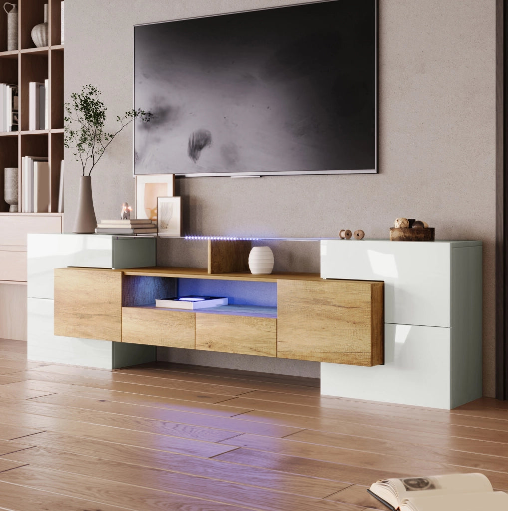 Mobile TV 200 cm bianco lucido e finitura legno con LED multicolore