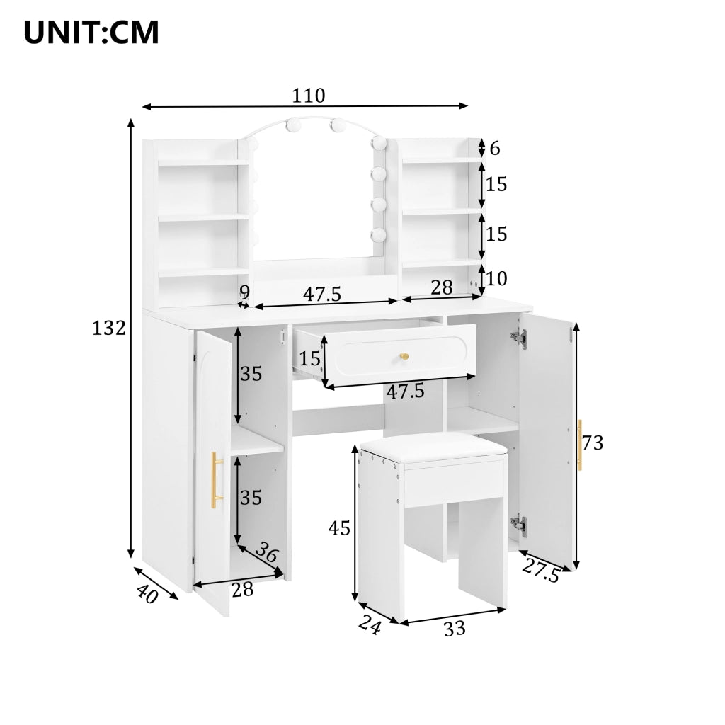 Scrivania Toeletta con Specchio LED, Cassetto e Ante ¨C MINIMAL ¨C Bianco, 110x40x132