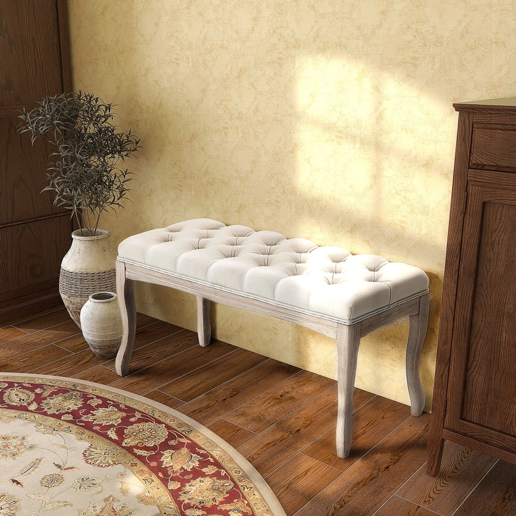 Panca Fondoletto Vintage Trapuntata a Bottoni 110x40x48 cm Tessuto Effetto Lino Beige