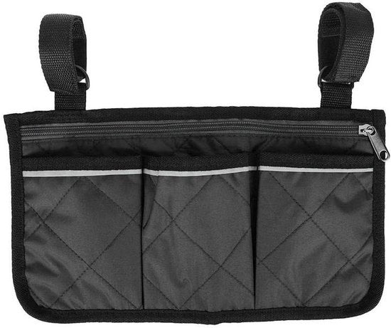 Borsa multifunzionale per carrozzella con supporto laterale, borsa da appendere per rollator in nero. Borsa facile da utilizzare per scooter per anziani e persone con disabilità.