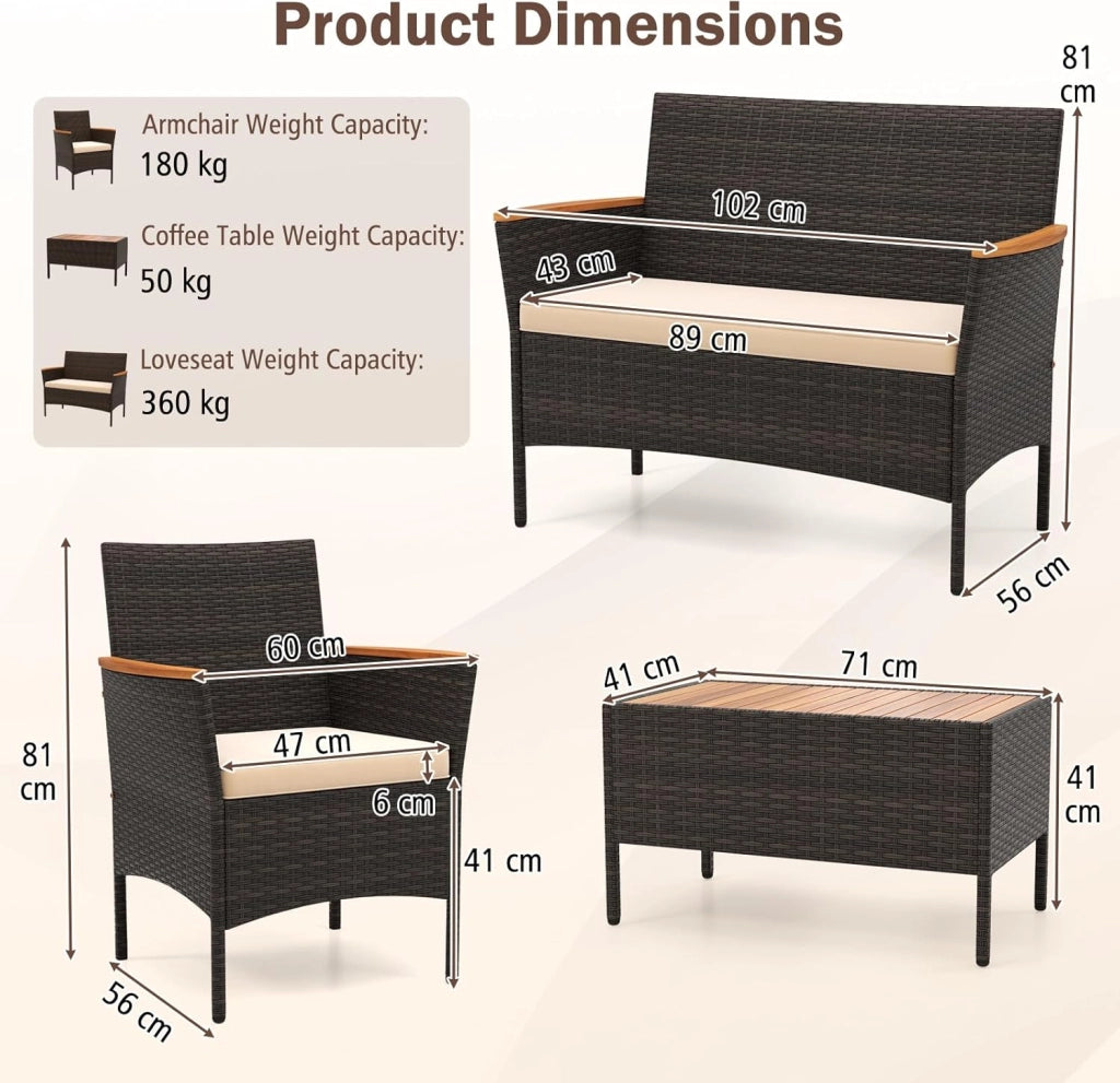 Salotto da Giardino Esterno 4 Pezzi, Set Giardino Esterno in Rattan con 1 Tavolino, 2 Poltrone e 1 Divano 2 Posti, Set Mobili da Patio con Cuscini Morbidi per Patio, Balcone e Piscina