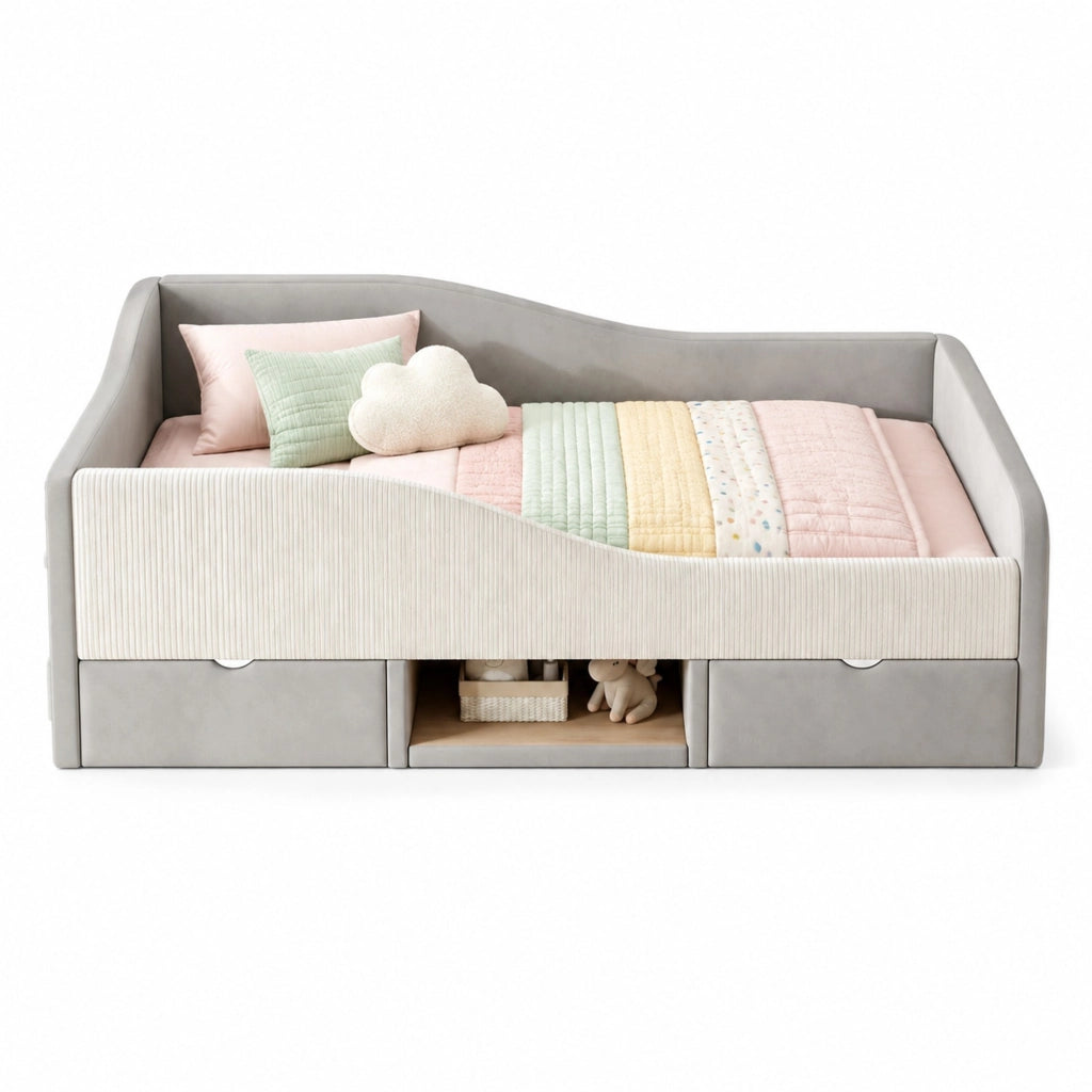 Letto imbottito 90x190 cm con contenitore e sponde di sicurezza in velluto grigio