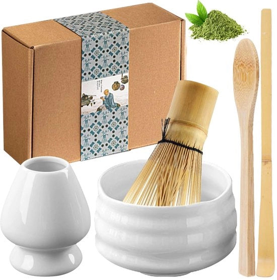 Set da Tè a 5 pezzi in Bambù - Accessori Artigianali - Spazzole/Klappers in Bambù - Supporto per Tazza in Ceramica - Bambù Naturale - Ideale per la Cerimonia del Tè