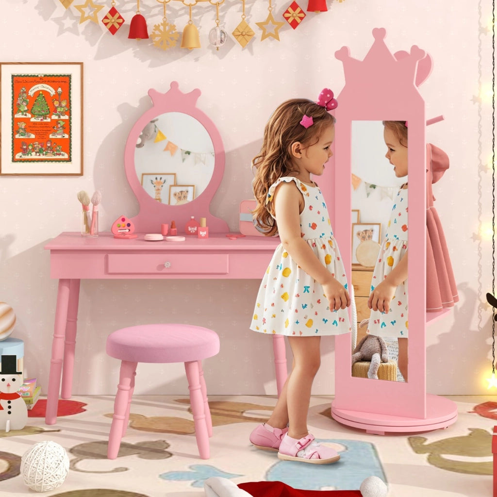 Armadio portagioielli per bambini con base girevole e ampia capacit¨¤ di archiviazione, Specchio a figura intera Rosa-Armadietti per gioielli
