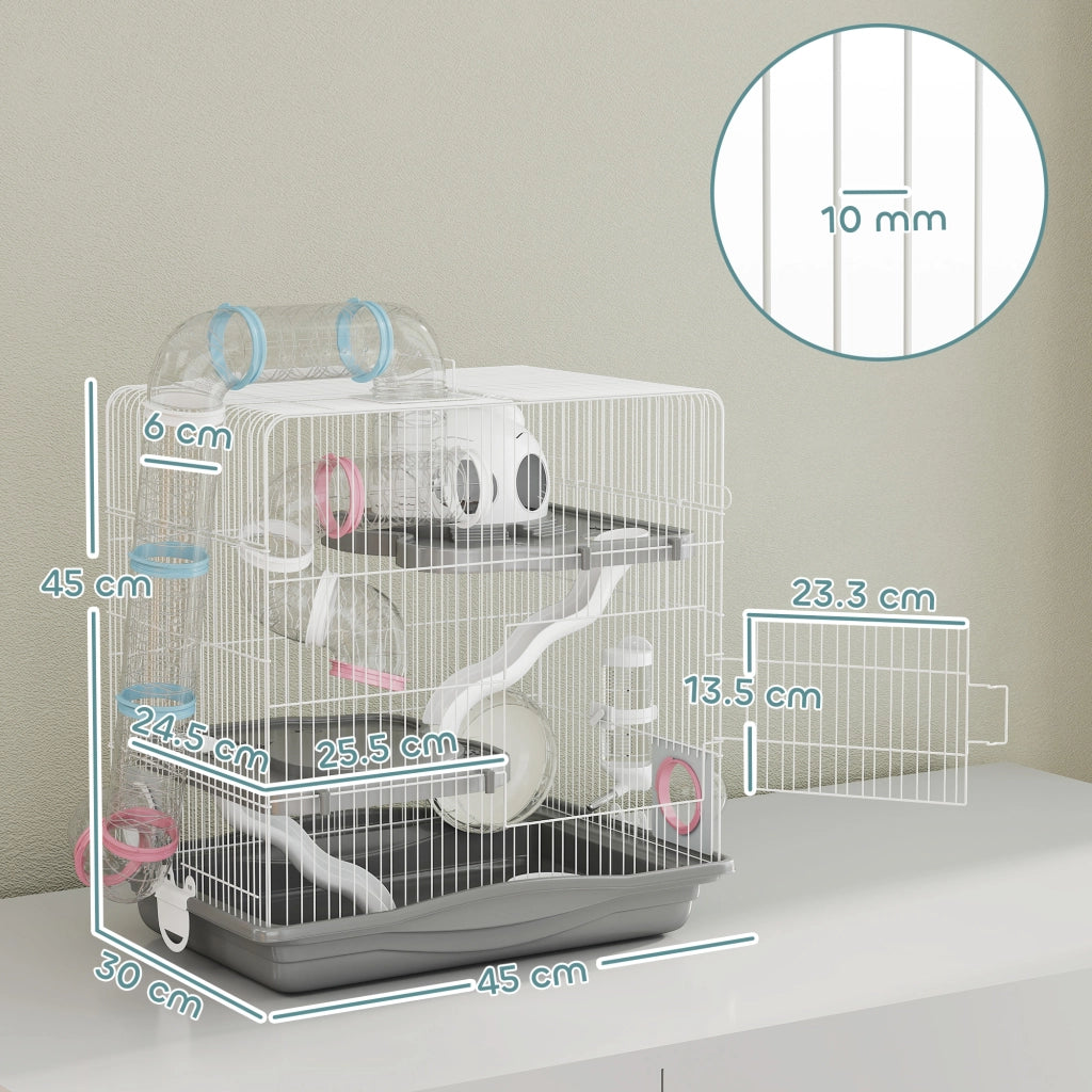 Gabbia per Criceti a 3 Livelli 45x30x45 cm e 14 Tubi con Casetta Rampa e Accessori in Metallo e Plastica Grigio