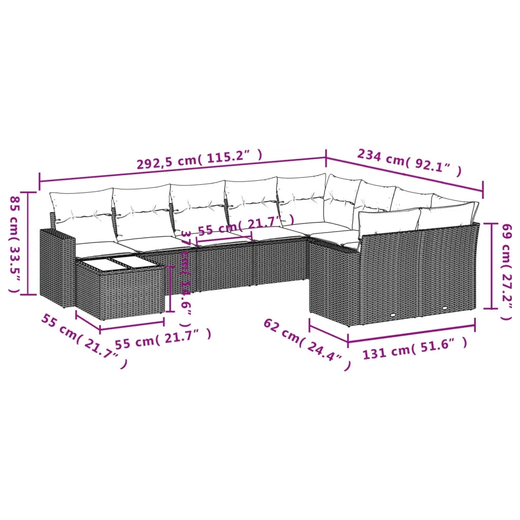 Set Divano da Giardino 10 pz con Cuscini Grigio in Polyrattan 3219450