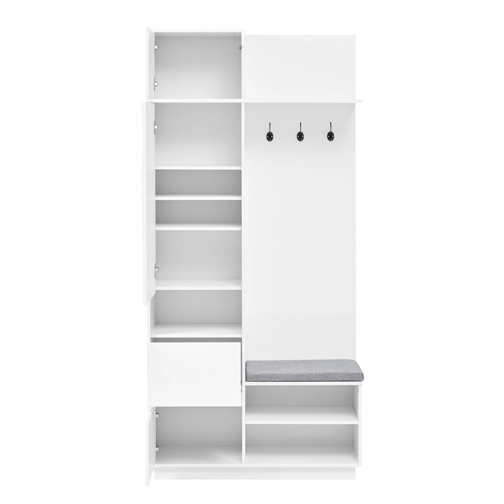 Mobile Ingresso con Specchio e Panca; Scarpiera con Ganci; Cassetti e Ripiani; Stile Moderno; in MDF; Bianco; 90??34;5??190 cm