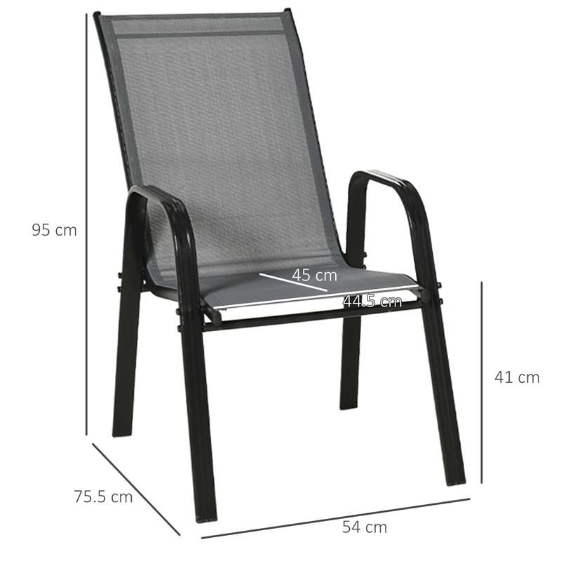 SET 4 SEDIE DA GIARDINO IMPILABILI E SALVASPAZIO CON BRACCIOLI IN METALLO E TESSUTO A RETE, GRIGIO